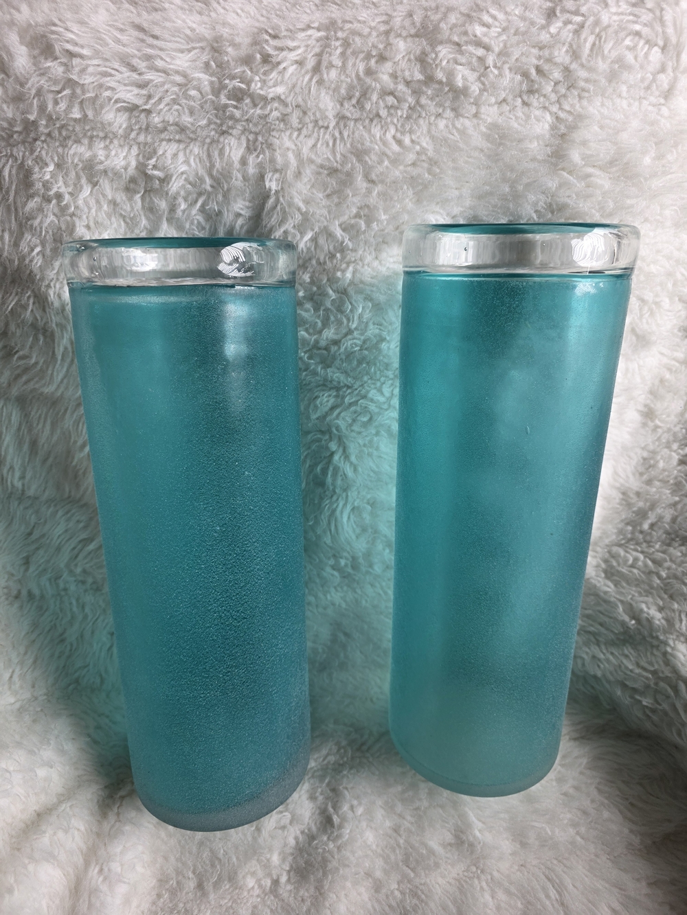 Handblown Aqua Blue Frosted Glass Vase Or Canddle Holder Decorative Pair